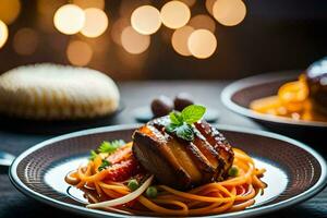 une assiette de nourriture avec Viande et nouilles. généré par ai photo