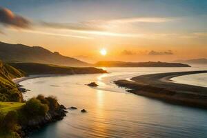 le Soleil ensembles plus de une rivière et collines. généré par ai photo