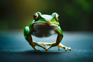 une grenouille est permanent sur une noir surface. généré par ai photo