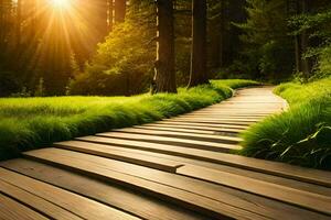 une en bois chemin dans le forêt avec le Soleil brillant. généré par ai photo