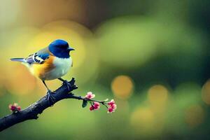 une petit oiseau est perché sur une branche avec fleurs. généré par ai photo