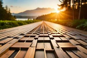 une en bois passerelle avec le Soleil réglage derrière il. généré par ai photo