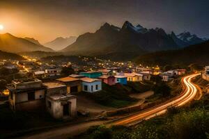 une village à le coucher du soleil avec montagnes dans le Contexte. généré par ai photo