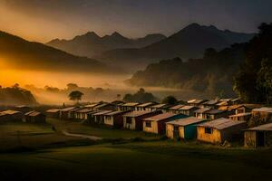 une village à lever du soleil avec montagnes dans le Contexte. généré par ai photo