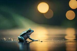 une grenouille séance sur le sol dans de face de une floue Contexte. généré par ai photo