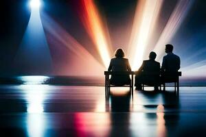 Trois gens séance sur une banc dans de face de une brillant lumière. généré par ai photo