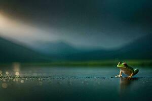 une grenouille séance sur le bord de une Lac dans le pluie. généré par ai photo