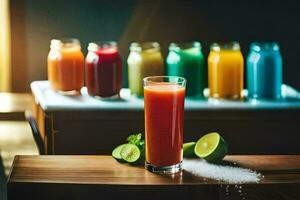 une verre de jus avec citron vert et autre des fruits. généré par ai photo