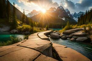 le Soleil monte plus de le montagnes et le chemin à le lac. généré par ai photo