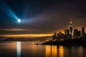 le lune est brillant vivement plus de le ville ligne d'horizon. généré par ai photo