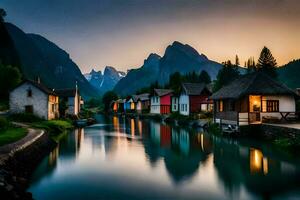 une rivière court par une village à le coucher du soleil. généré par ai photo