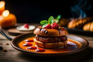 une Hamburger avec framboise sauce sur une plaque. généré par ai photo