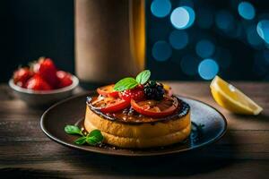 une dessert avec des fraises et tomates sur une plaque. généré par ai photo