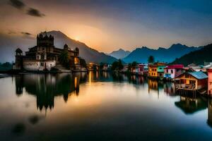 une magnifique le coucher du soleil plus de une Lac avec Maisons et montagnes. généré par ai photo