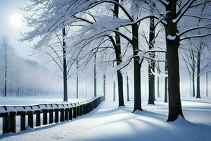 une neigeux chemin dans le milieu de une parc. généré par ai photo