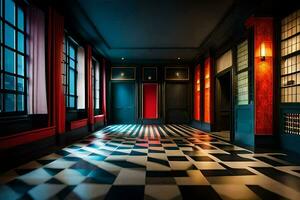 une couloir avec noir et rouge des murs et une à carreaux sol. généré par ai photo