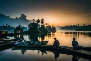 deux gens séance sur une Dock à le coucher du soleil. généré par ai photo