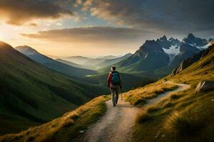 une homme des promenades sur une chemin dans le montagnes. généré par ai photo