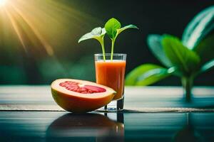 une verre de jus avec une pamplemousse et feuilles sur une tableau. généré par ai photo