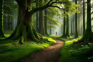 une chemin par une forêt avec des arbres et vert herbe. généré par ai photo