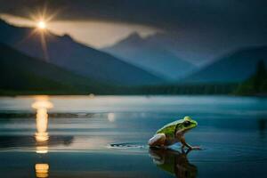 une grenouille est permanent sur le bord de une Lac à le coucher du soleil. généré par ai photo