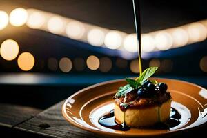 une dessert sur une assiette avec une sauce étant versé plus de il. généré par ai photo