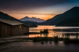 une petit cabine est assis sur le rive de une Lac à le coucher du soleil. généré par ai photo
