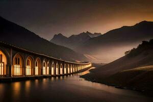 une pont plus de une rivière à le coucher du soleil avec montagnes dans le Contexte. généré par ai photo