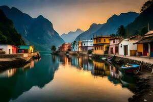 une rivière dans le montagnes avec Maisons et bateaux. généré par ai photo