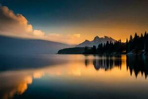 une magnifique le coucher du soleil plus de une Lac avec des arbres et montagnes. généré par ai photo