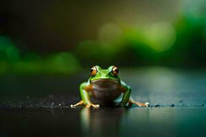 une grenouille séance sur le sol avec une vert Contexte. généré par ai photo