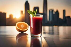 une verre de jus avec un Orange tranche sur le table dans de face de une ville ligne d'horizon. généré par ai photo