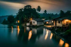 Maisons sur le rivière à nuit. généré par ai photo