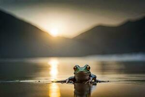 une grenouille séance sur le plage à le coucher du soleil. généré par ai photo