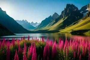 le montagnes sont entouré par rose fleurs et une lac. généré par ai photo