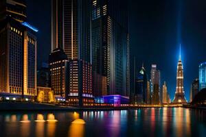 le ville horizon à nuit dans Dubai. généré par ai photo