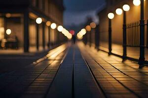 une longue passerelle avec lumières sur il à nuit. généré par ai photo