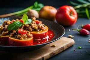 farci tomates avec Viande et des légumes sur une noir plaque. généré par ai photo