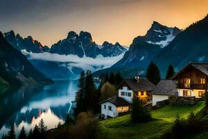 une maison est assis sur le bord de une Lac avec montagnes dans le Contexte. généré par ai photo