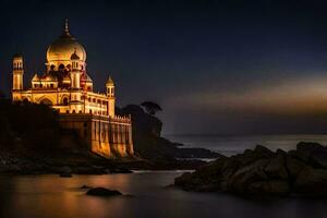 le mosquée à nuit par le mer. généré par ai photo