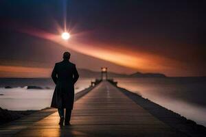 une homme est en marchant le long de une jetée à le coucher du soleil. généré par ai photo