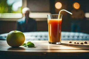 une verre de jus avec un Pomme sur une tableau. généré par ai photo