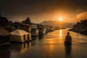 une homme des stands sur le rive de une rivière à le coucher du soleil. généré par ai photo