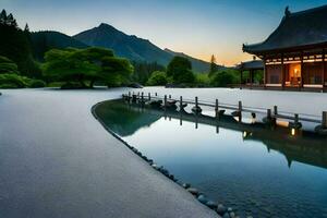 une Japonais jardin à le coucher du soleil. généré par ai photo