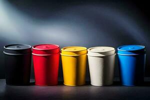 une rangée de coloré Plastique tasses sur une foncé Contexte. généré par ai photo