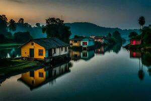 Maisons sur le l'eau à le coucher du soleil dans une rural zone. généré par ai photo