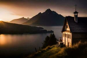 une maison est assis sur le bord de une Lac avec montagnes dans le Contexte. généré par ai photo