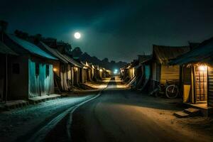 une rue à nuit avec Maisons et une plein lune. généré par ai photo