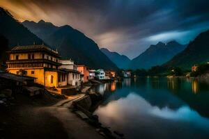 photo fond d'écran le ciel, montagnes, Chine, le nuit, le rivière, le montagnes,. généré par ai