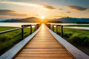 le Soleil monte plus de une en bois pont plus de une lac. généré par ai photo